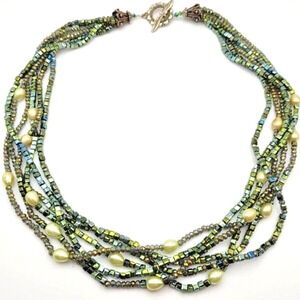 Irridescent Green‎ Glass Beads Baroque Pearls Handmade 17" Necklace Toggle Clasp